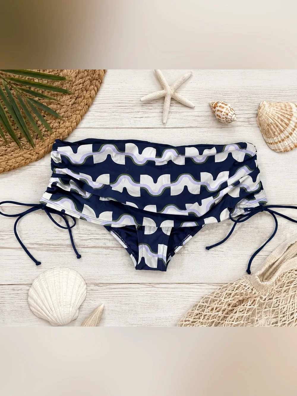 Tory Burch Women’s Ruched Side Tie Swim Bottoms Blue Print Size Large L/G